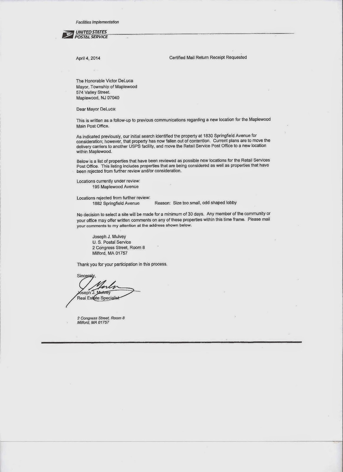 POST OFFICE TO RELOCATE WITHIN MAPLEWOOD VILLAGE