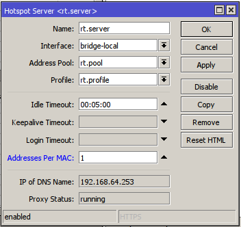 IP > Hotspot > Server > Addresses Per MAC