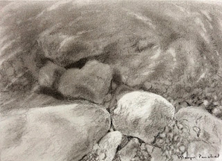 original charcoal sketching of rocks under water by Manju Panchal