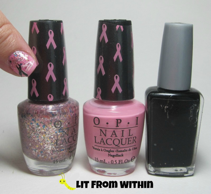 Bottle shot:  OPI More Than A Glimmer and Pink-ing of You, and Wet 'n Wild Black Creme.