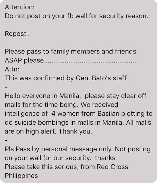 False Message about terror alert in Metro Manila