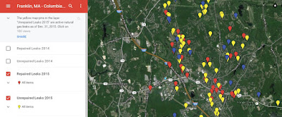 this is a screen capture of  the interactive webpage marking known gas leaks for Franklin, MA