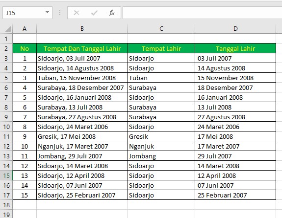 Cara Memisahkan Tempat Tanggal Lahir di Excel