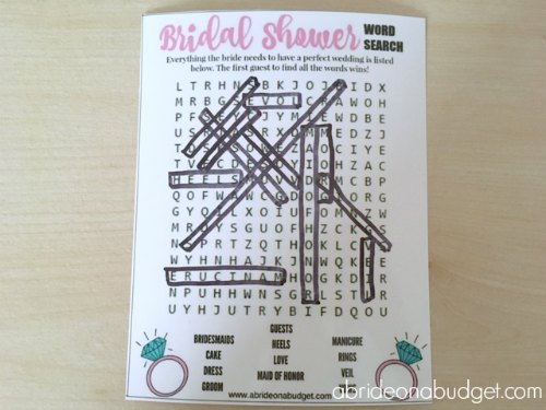 Looking for a fun bridal shower game? Get this Bridal Shower Word Search free printable at www.abrideonabudget.com.