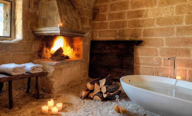 Fireside bath and aromatherapy massage treatment, Sextantio Le Grotte della Civita as seen on linenandlavender.net http://glossi.com/linenlavender/25552-ll-travels-sextantio-matera-italy