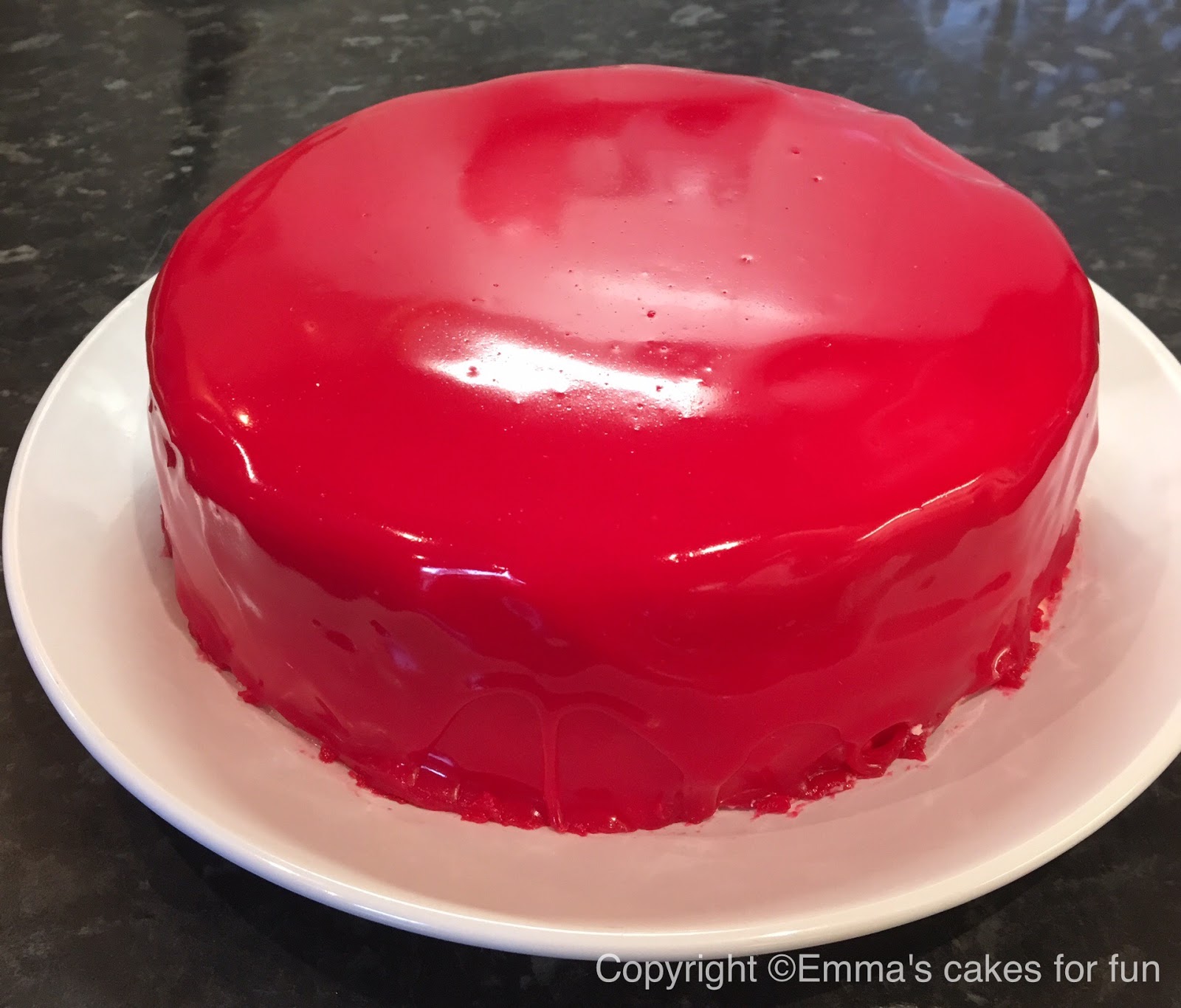Emma's Cakes For Fun Genoise cake with a red mirror glaze
