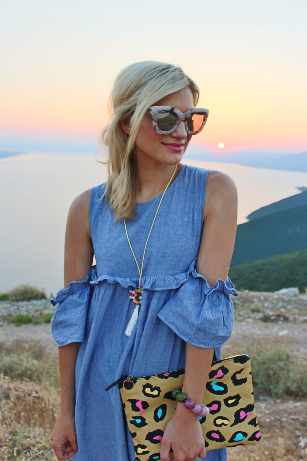 bijuleni- Boohoo off the shoulder dress with sneakers. Sunset in Greece. 