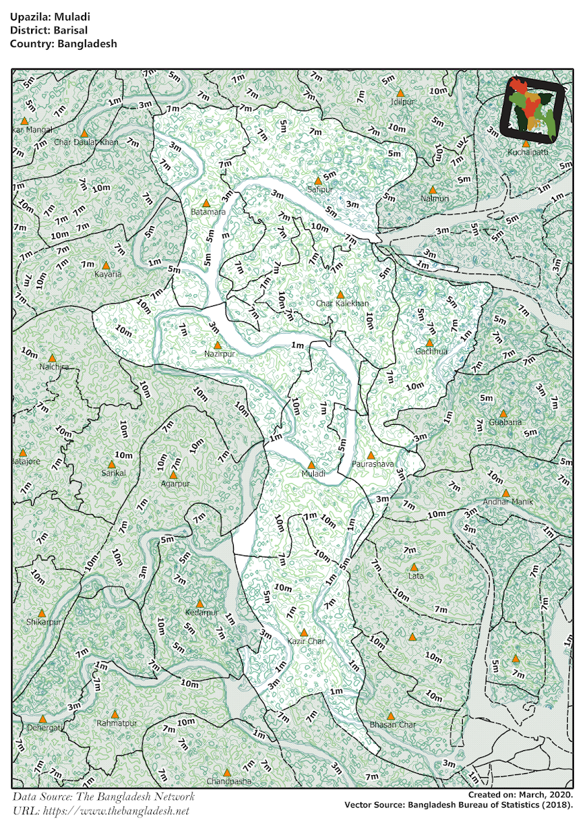  Muladi Upazila Elevation Map Barisal District Bangladesh
