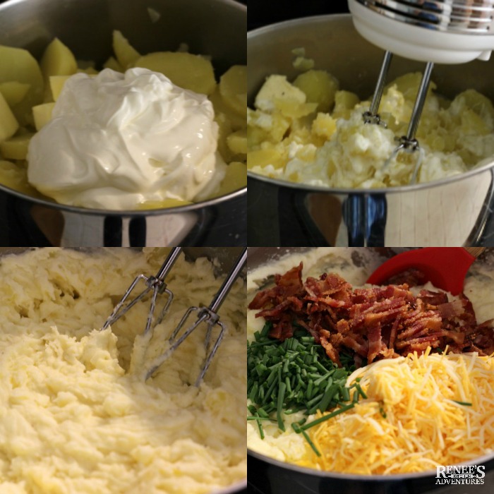 4 photo collage of the process of making loaded mashed potato casserole