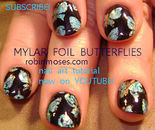 black and silver mylar foil butterflies nail art design, hibiscus flower nail art, blue and white flower nail, short nail natural nail art designs.
