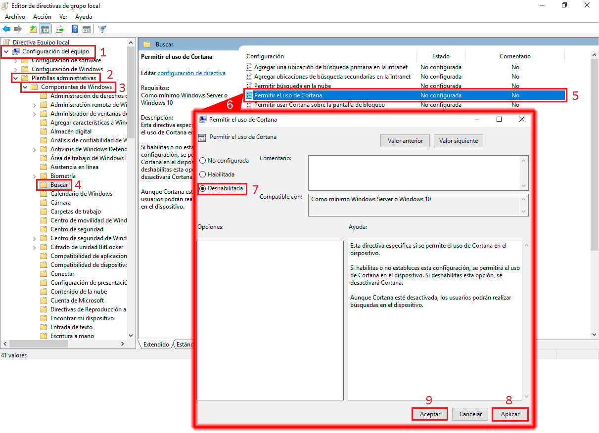 Pantallazos.es Windows 10 GPO local (GPEDIT.MSC) Deshabilitar Cortana.
