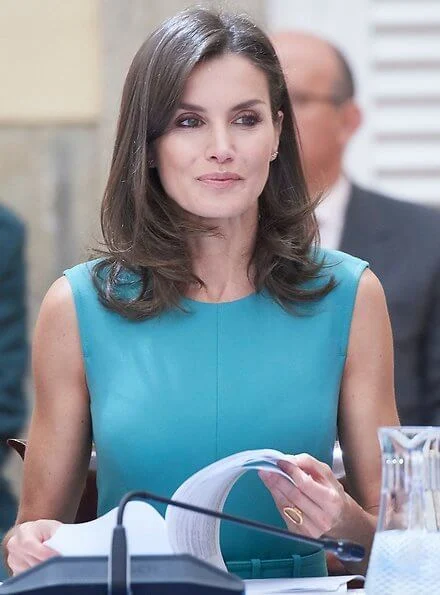 Queen Letizia wore a belted midi dress by Hugo Boss. Queen Letizia wore Hugo Boss Dadoria midi length shift dress