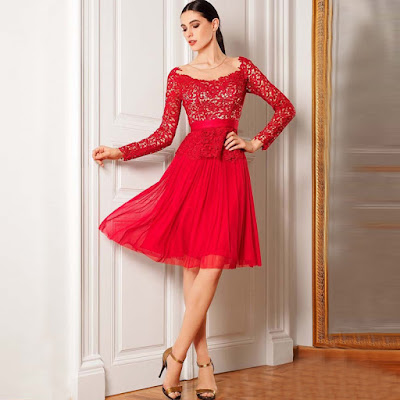Short Red Chiffon Long Sleeved Lace Dress