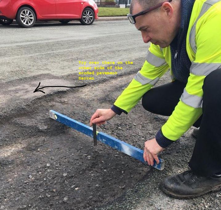 Just A Car Guy 'Inspector Darren' measuring pothole depths Mar 2018