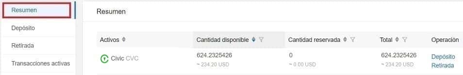 Criptomonedas CIVIC CVC saldo monedas CIVIC CVC en KuCoin