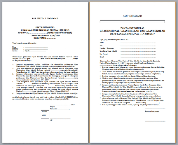 Contoh Pakta Integritas Us Usbn Dan Un 2017 Arsip Guru