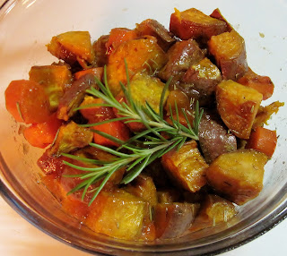 Roasted sweet potatoes & carrot with rosemary & peach marmalade