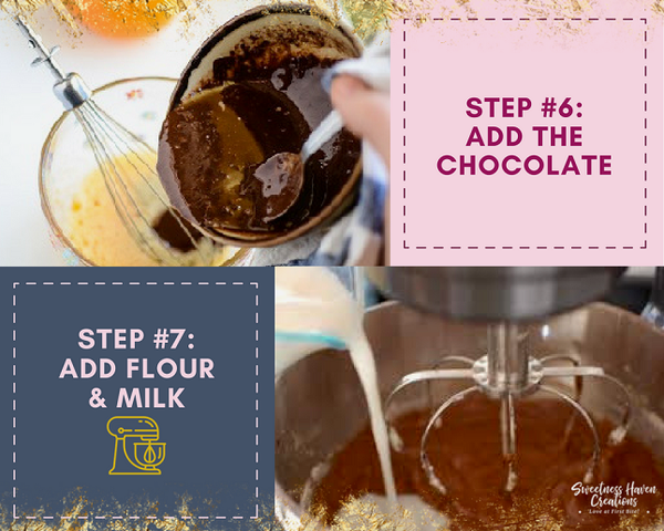 HOW TO BAKE A CAKE IN 10 EASY STEPS STEP #6: ADD THE CHOCOLATE AND STEP #7: ADD FLOUR AND MILK