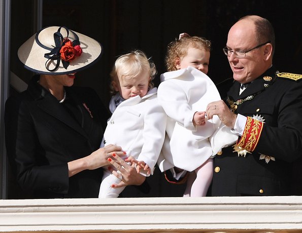 Prince Albert II and Princess Charlene with their twins Prince Jacques and Princess Gabriella of Monaco appear on the balcony of the Monaco Palace during the celebrations marking Monaco's National Day in Monaco.