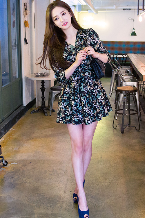 [Chuu] Floral Dress with Ribbon Strap Waist KSTYLICK Latest Korean