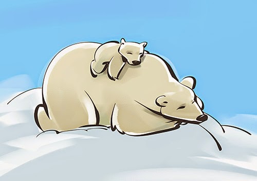 Cute illustration of baby polar bear and mother polar bear.