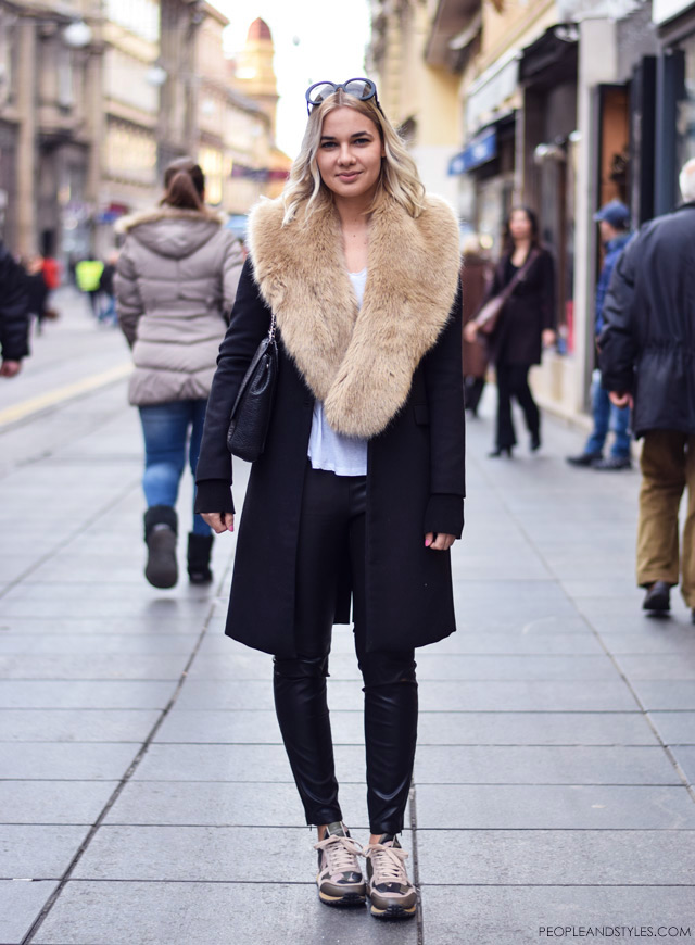 Karla Anić, how to wear sneakers, leather leggings and faux fur collar