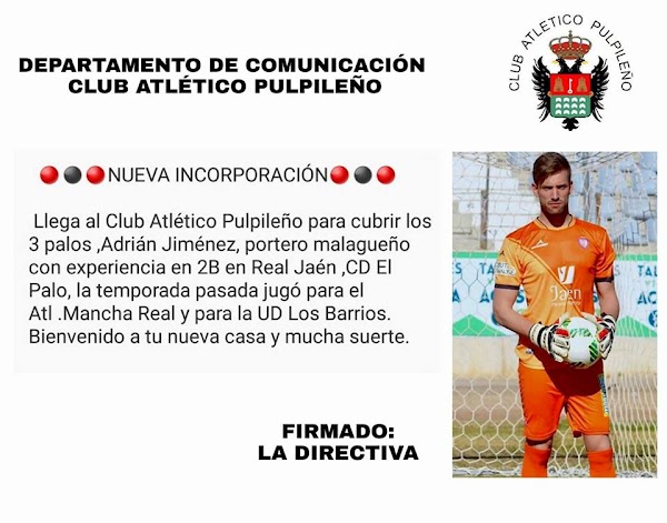 Oficial: Atlético Pulpileño, firma el portero Adrián Jiménez