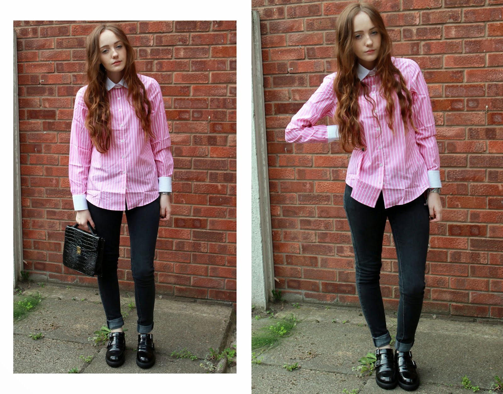 hawes and curtis pink pinstripe shirt with primark black jeans, monk shoes and satchel