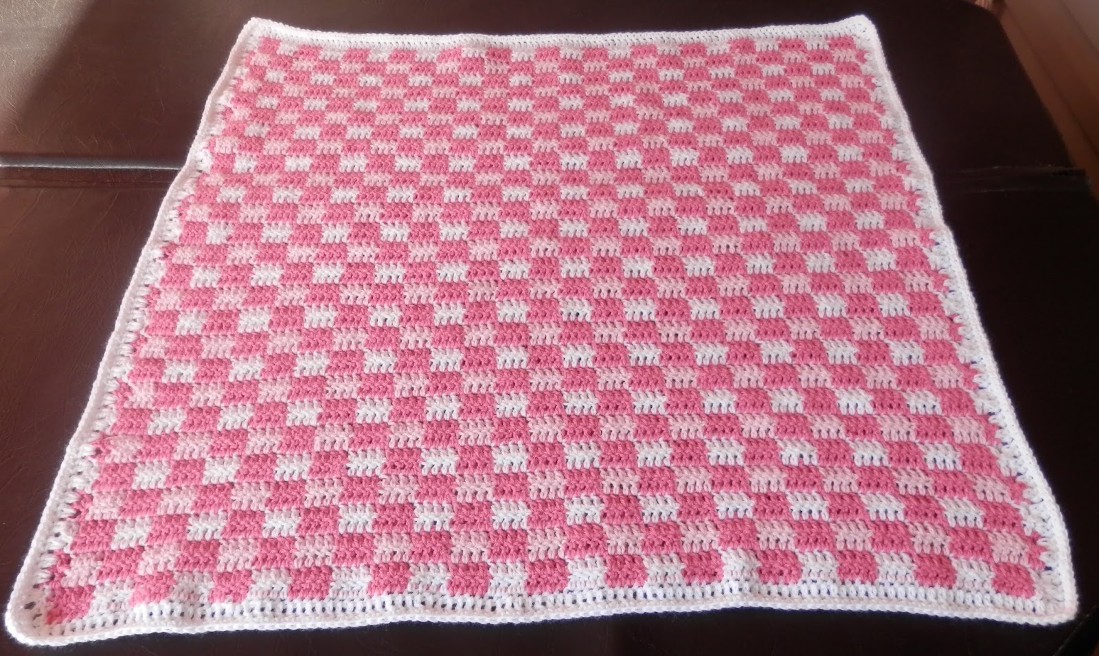 Karens Crocheted Garden of Colors Pink Gingham Baby Blanket