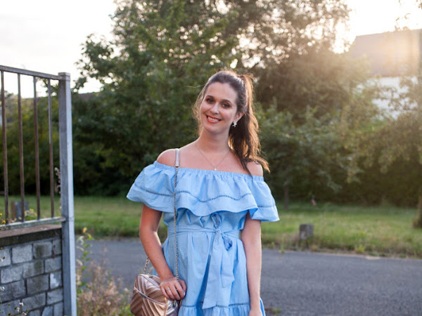 Outfit: blue ruffle off shoulder dress