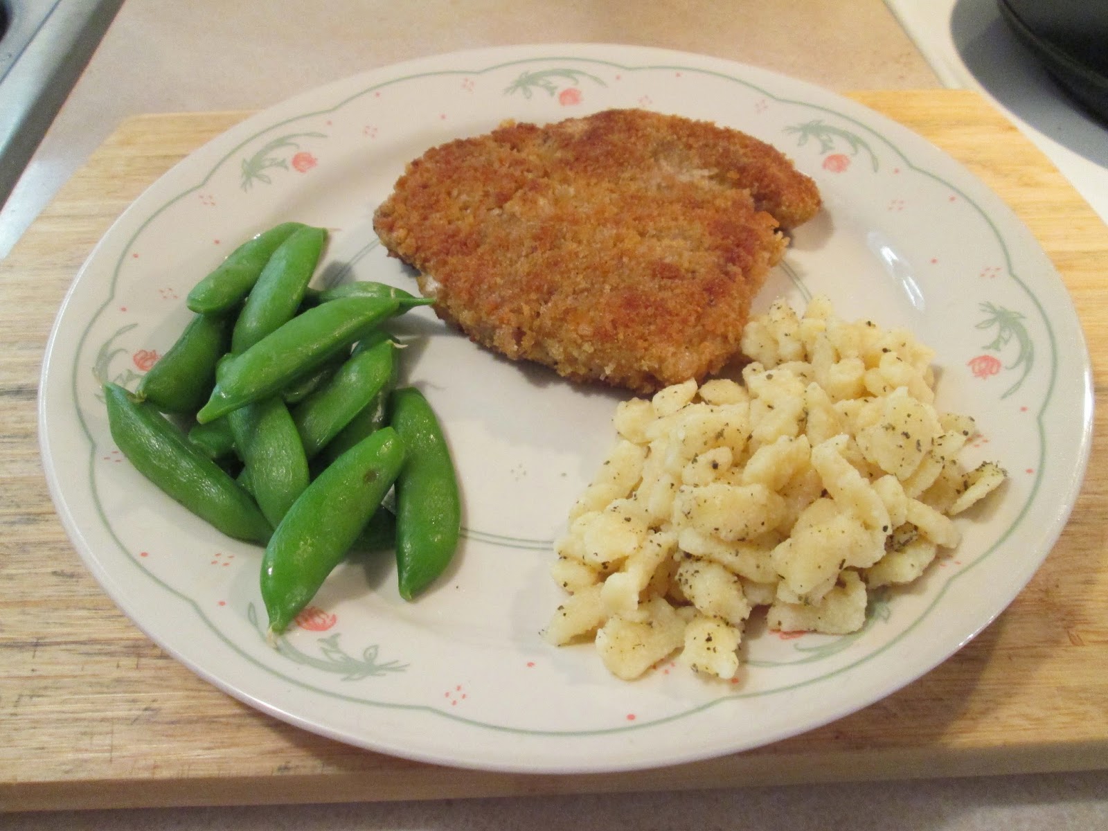 Diab2Cook Panko Crusted Cubed Pork Steak w/ Spaetzle and Sugar Snap Peas