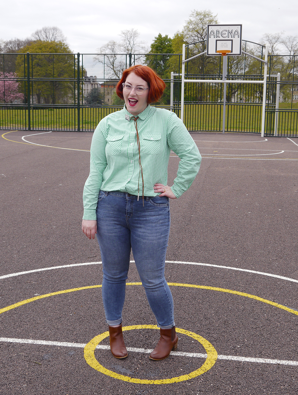 Easy Cowgirl Outfit inspired by Pedro Sanchez Unlikely Style Icon, blog birthday, Wardrobe Conversations, Scottish bloggers, Scottish fashoin bloggers, Dundee bloggers, Pedro Sanchez, Vote for Pedro, Napoleon Dynamite style, Napoleon Dynamite costume, easy costume idea, film costume, movies costume idea, charity shop find, checked shirt, green gingham shirt, little lies boho necklace, cassestte brooch, cowgirl style, western style, simple wild west outfit, new look jeans, zara brown boots, bad hair day, #seewithiolla, iolla glasses, Iolla clear Bell frames