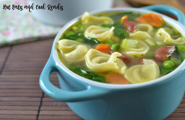 This meatless soup is packed full of tortellini and veggies! So hearty and filling, you don't even miss the meat! Tortellini and Vegetable Soup Recipe from Hot Eats and Cool Reads