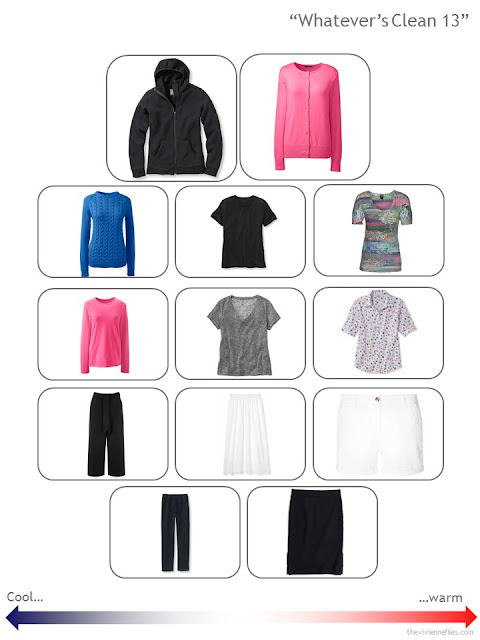 a "Whatever's Clean 13" wardrobe for variable weather, in black, white and brights a "Whatever's Clean 13" wardrobe for variable weather, in black, white and brights