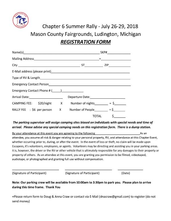 Escapees RV Club Chapter 6 Michigan Area Rally Registration forms