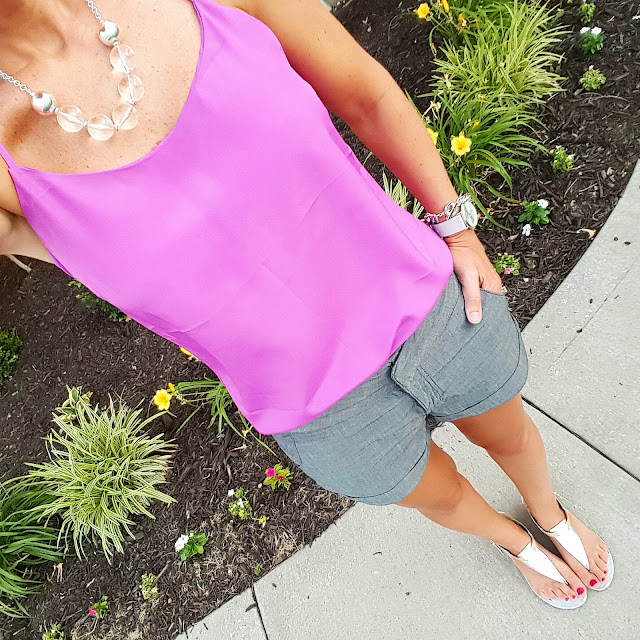 J. Crew Factory Racerback Cami (also with prints) // Joe's Jeans Chambray Shorts // Nine West Sandals (similar) // BP Round Face Watch - only $12! (also love this one for the same price)