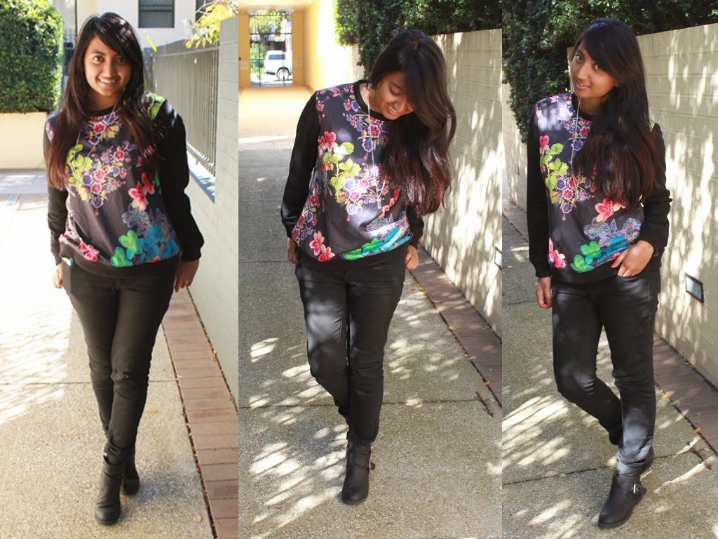 outfit post, me, pink stitch, jumper, jeanswest, jeans, black jeans, floral jumper, kmart, crystal bullet necklace, cheap fashion, clothing under $30, cheap womens fashion blog, fashion blog, 