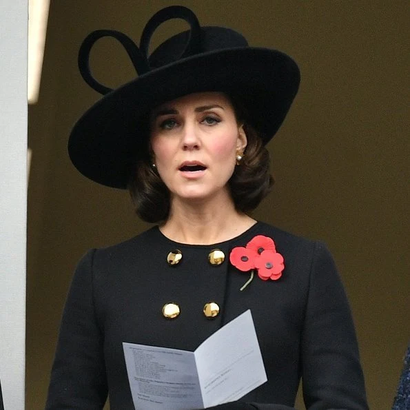 Kate Middleton wore Dolce & Gabbana crossover button coat.and Oscar de la Renta earrings. Countess of Wessex