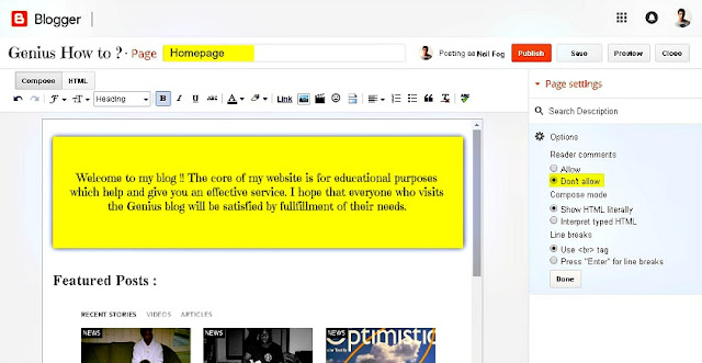 Compose homepage for your blog and publish it via geniushowto.blogspot.com how to create a homepage for your blogger blog step 1.2 blogspot tutorials