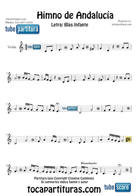 Partitura de El Himno de Andalucía para Violín Letra de Blas Infante y Música de José del Castillo  Sheets Music Violin Music Score Himno de Andalucía