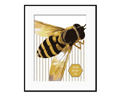 framed illustration of bee on a striped background with text