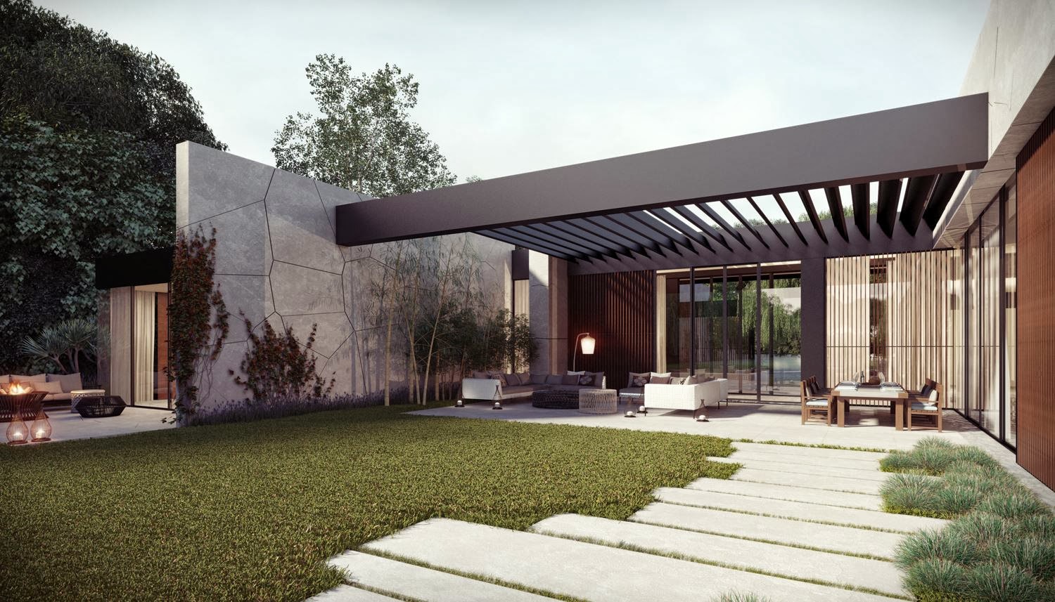 Dise o de casa en forma de l con piscina dise o de casas for Casa moderna jardines