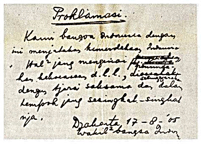Teks Naskah Proklamasi tulisan Ir Soekarno yang ditempatkan di Monumen Nasional