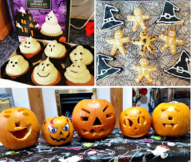 A collage of photos including ghost cupcakes, skeleton gingerbread men and 5 carved pumpkins