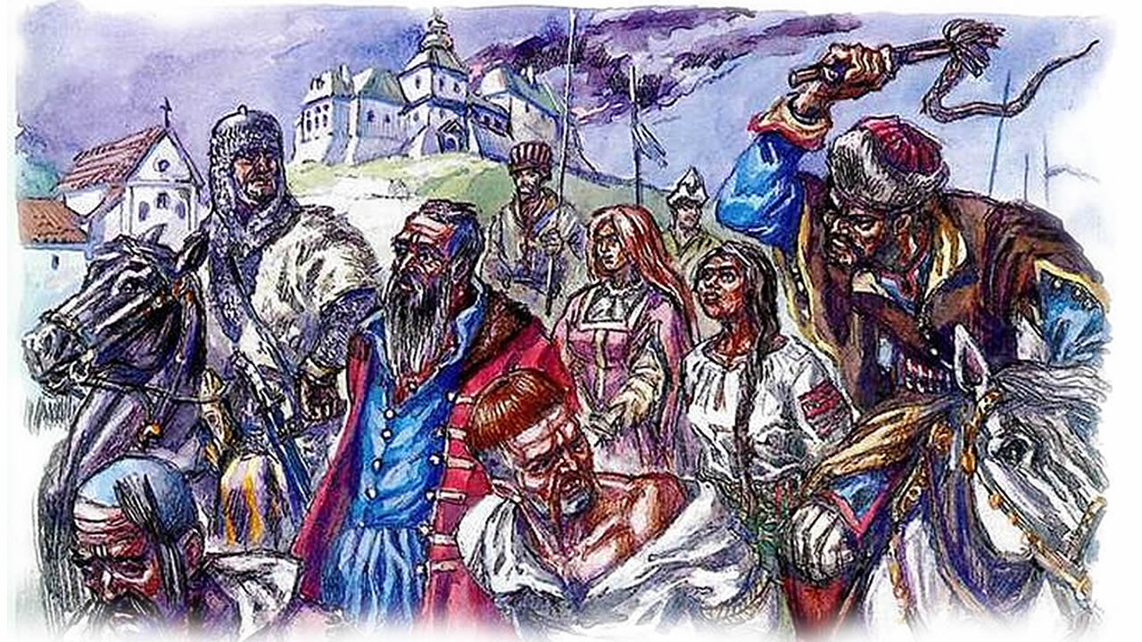 нашествие татаро монгольского ига. рабы на невольничьем рынке. русские невольницы в золотой орде. татары угоняют в рабство. татары угоняют в рабство.