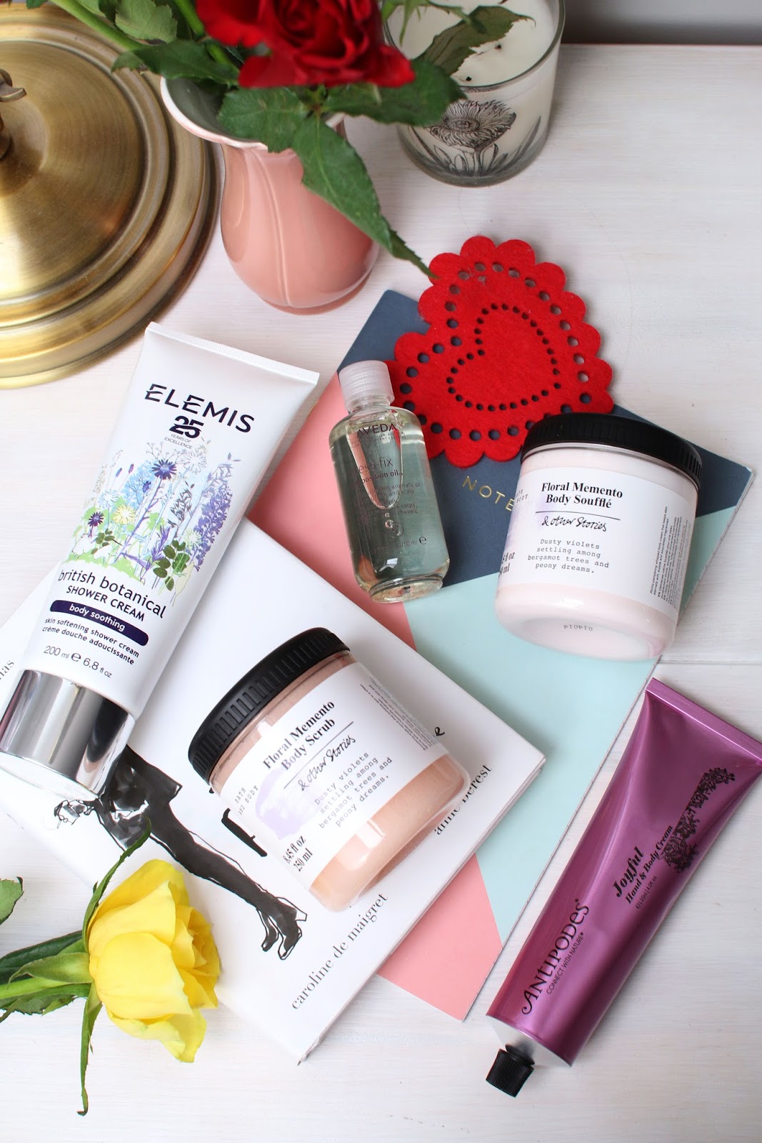 Much Needed Body TLC with Antipodes Joyful Hand Cream, & Other Stories Floral Memento Body Scrub, Floral Memento Body Souffle, Elemis British Botanical Shower Cream and Aveda Stress Fix Oil