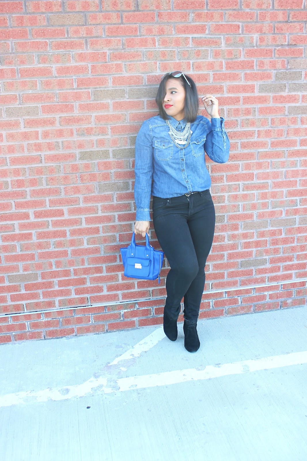 denim shirt, casual look, forever21, blue, black, chambray top, fashion blog