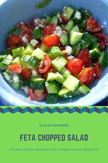 Feta Chopped Salad: A wonderful Mediterranean inspired salad bursting with fresh cucumbers and tomatoes and a soft mild feta cheese and dressed lightly with lemon and olive oil. Delish!!! - Slice of Southern