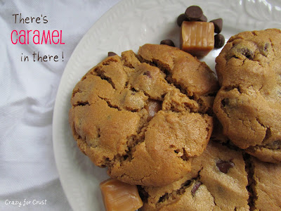 peanut butter caramel chocolate chip cookies on white plate