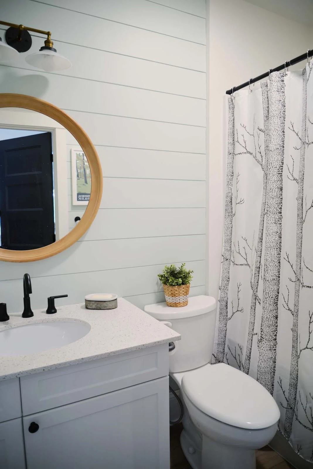 painted shiplap in the bathroom, mint green bathroom, shiplap accent wall, modern country bathroom, cottage bathroom ideas